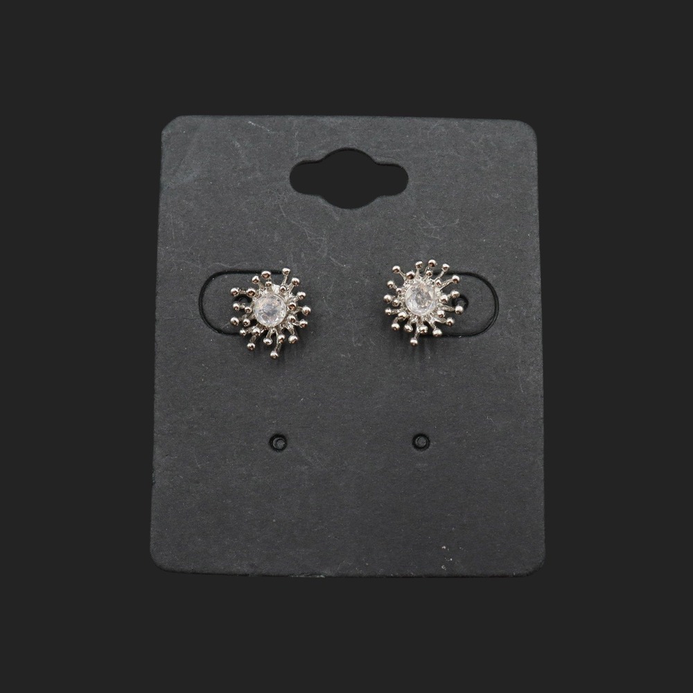 Silver Tone Sunburst Stud Earrings Round Clear Stone Celestial Starburst E14980